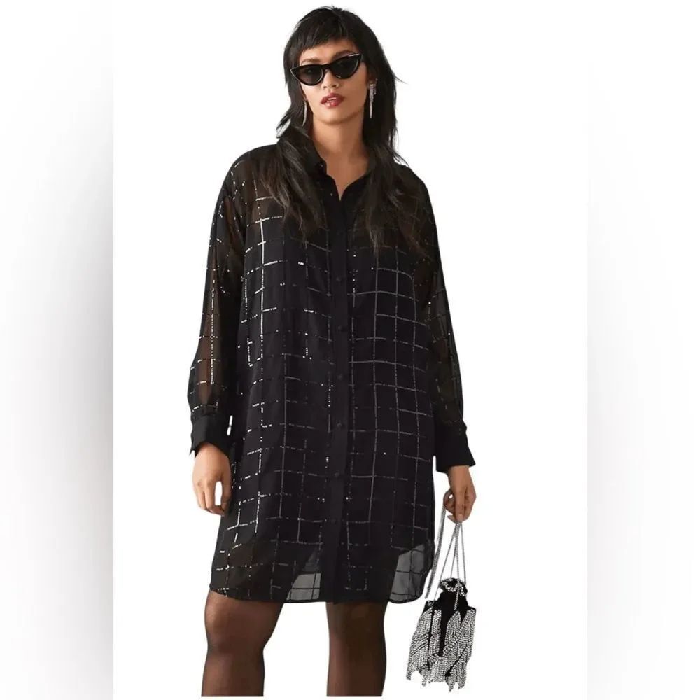 R Dalamal For Anthropologie Black Sheer Sequin Shirt Dress MP